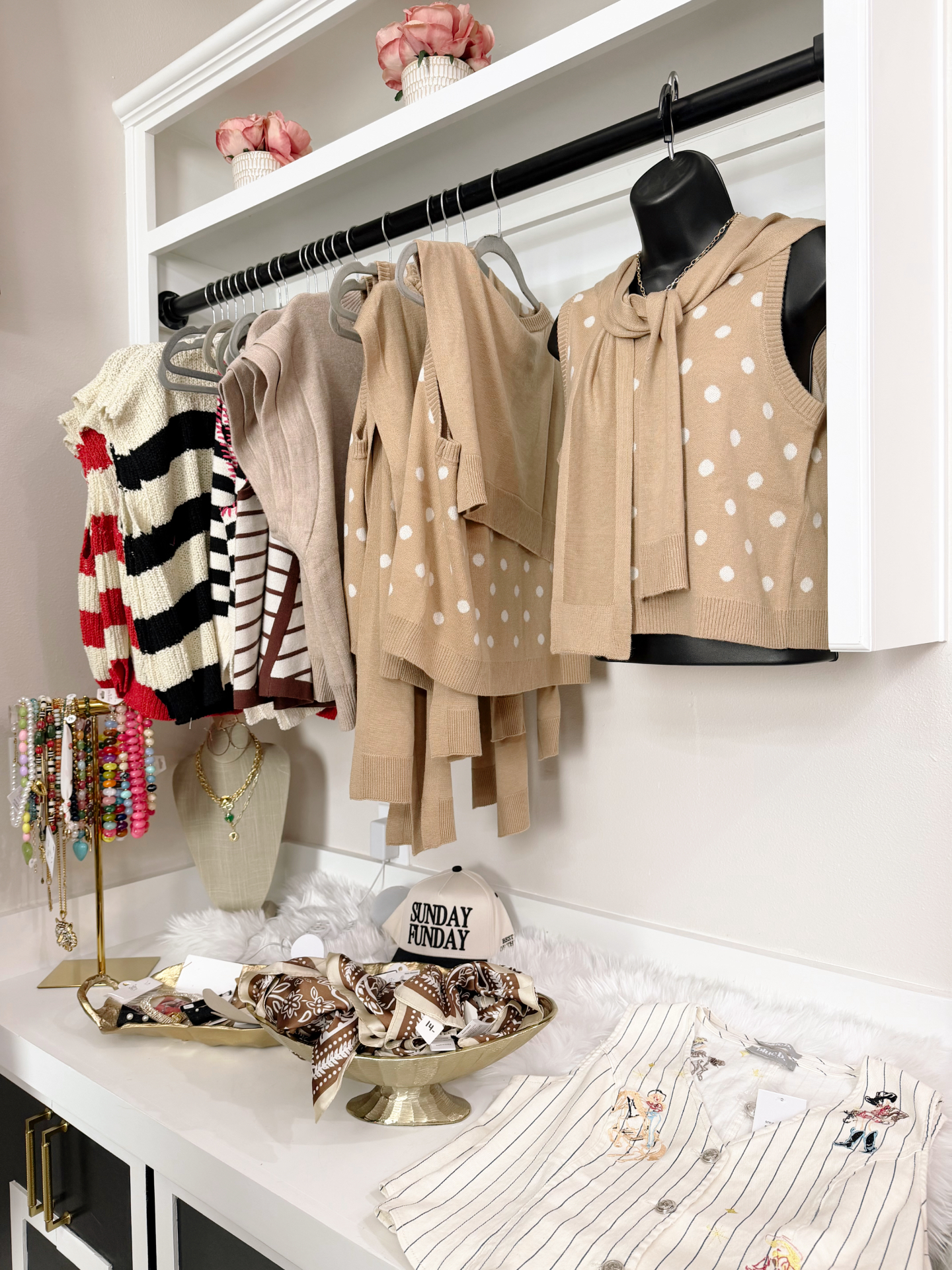 Neutral knits and sweaters styled with accessories